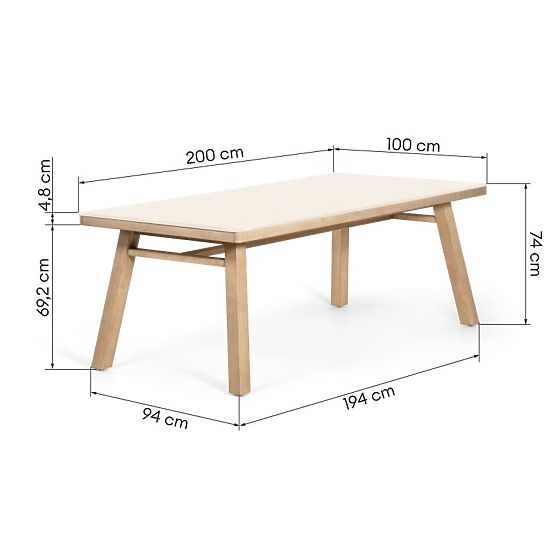 Zahradní stůl Wabi 200 cm s kamennou deskou, světlé akáciové dřevo/světle béžový, obdélníkový