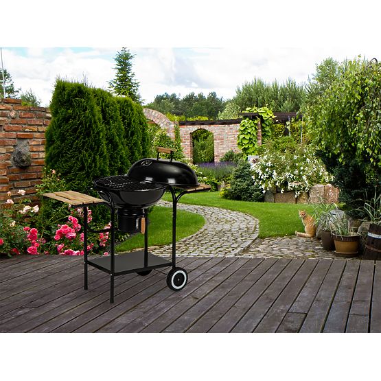 Zahradní uhlový gril s poklopem a policemi, rošt, popelník