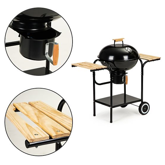 Zahradní uhlový gril s poklopem a policemi, rošt, popelník