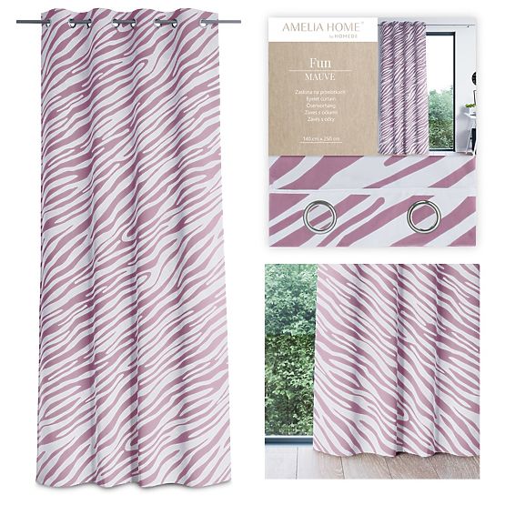 Závěs FUN růžová barva s potiskem zvířecího motivu tropický styl stříbrné kovové průchodky