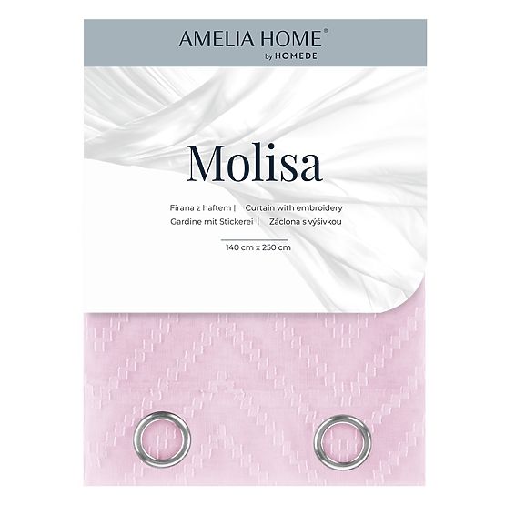 Závěs MOLISA růžová barva vyšívaný motiv boho stříbrné průchodky voál 140x270 ameliahome