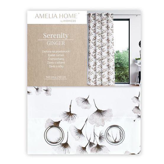 Závěs SERENITY bílá barva tištěný rostlinný motiv klasický styl stříbrné kovové průchodky