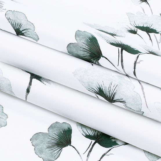 Závěs SERENITY bílá barva tištěný rostlinný motiv klasický styl stříbrné kovové průchodky