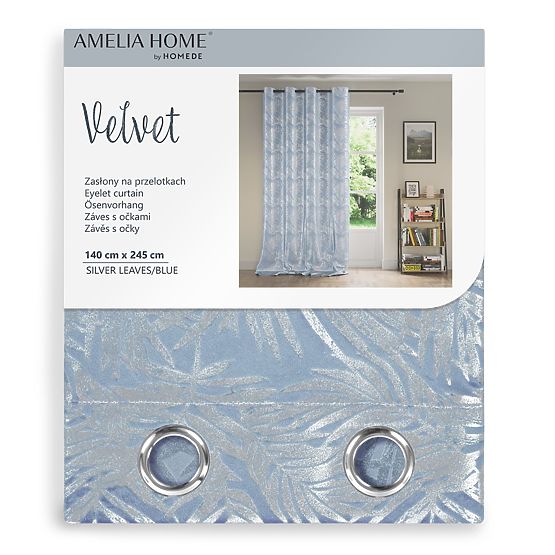 Závěs SILVERLEAVES barva světle modrá tištěný styl glamour stříbrné průchodky velvet 140x245 AmeliaH
