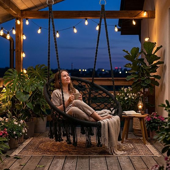 Závěsné křeslo boho zahradní houpačka černé MultiGarden