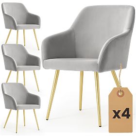 4x Sametová čalouněná židle hladká Šedá ESTELLE Zlaté nohy