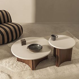 Odkládací stolek Marlo II 50 cm, krémově bílá/ořech, mikrocement