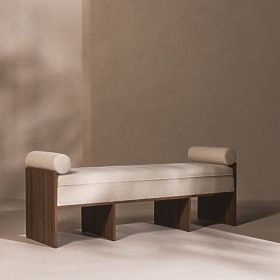 Čalouněná lavice Loppo světle béžová, boucle, Ořech Wisconsin