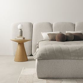 Čalouněná postel Fencee 160x200 cm, s roštem, zaoblená, světle béžová