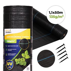 Černá agrotextilie UV 135g protiplevelová rohož 1,1x50m kolíky MulltiGarden