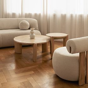 Konferenční stolek Medley 90 cm, kulatý, travertin/jasan