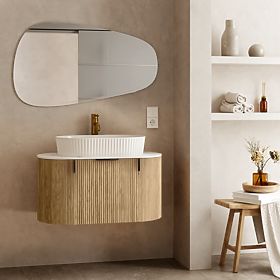 Sada skříňka s deskou a umyvadlem La simplicite 80 cm, drážkovaná, zaoblená, Glit White/dub