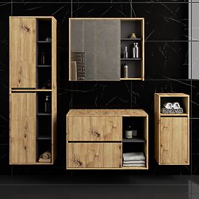 SADA ZÁVĚSNÉHO KOUPELNOVÉHO NÁBYTKU S OTVORY VAMI DUB ARTISAN / GRAFIT ŠEDÝ