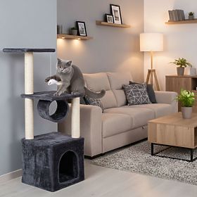 Škrabadlo pro kočky, pelíšek, sloupek, věž na škrábání, domeček 94 cm šedá Petsi