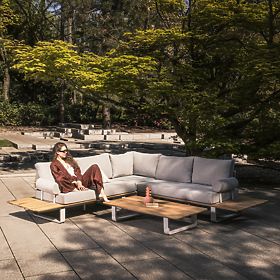 Zahradní rohová sedací souprava se stolkem San Piero, teakové FSC dřevo, šedá/přírodní, lectus