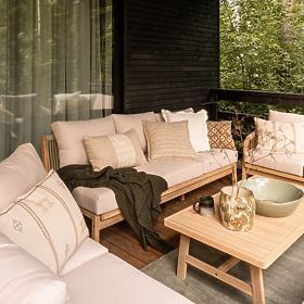 Zahradní rohová souprava se stolem Castello, výplet, akátové dřevo FSC, teakový vzhled, béžová