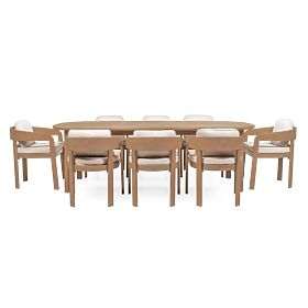 Zahradní set Satori II, stůl 240 cm + 8 židlí, akáciové dřevo FSC, teakový vzhled, béžový, zaoblený