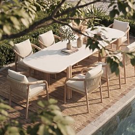 Zahradní stůl Komorebi 280 cm s kamennou deskou, světlé akáciové dřevo/světle béžový, obdélníkový